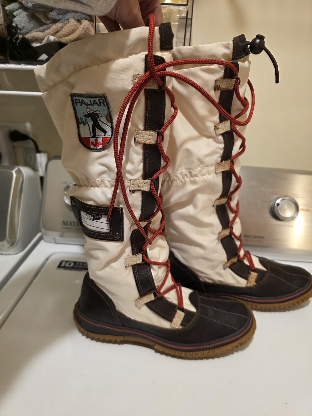 Pajar Cream and Brown Tall Winter Lace-Up Boots with Red Laces
